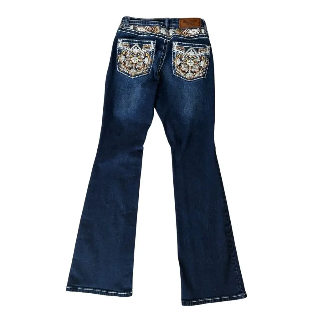 Y2K Westfield Eagle Jeans Junior 7 Bootcut Mob Wife Bling Embellished Denim Blue